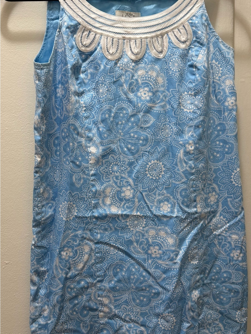 LOFT Light Blue and White Floral Embroidered Neck Shift Dress